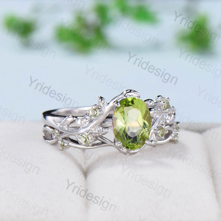Vintage peridot wedding ring set Leaf twig engagement ring set Art deco Natural Inspired white gold bridal set for women Branch promise ring - PENFINE