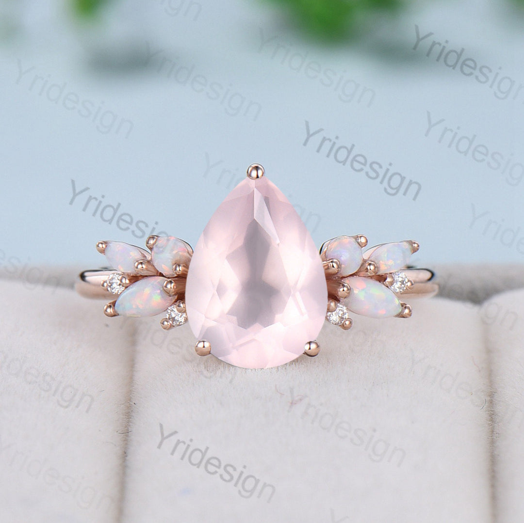 Vintage Rose Quartz Engagement Ring Unique Pear Shaped Bee pink crystal Wedding Ring Women  Rose Gold Art Deco Cluster Opal Promise Ring - PENFINE