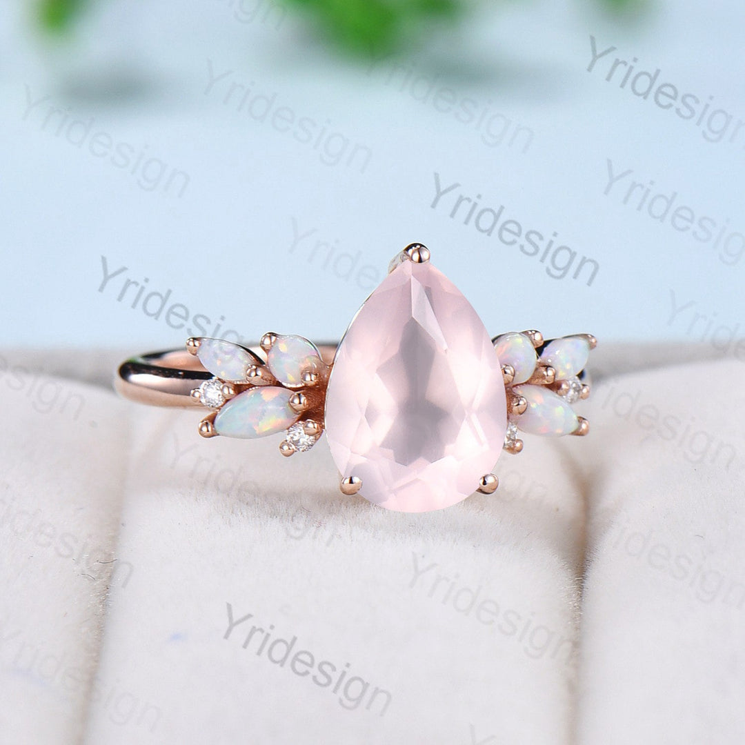 Vintage Rose Quartz Engagement Ring Unique Pear Shaped Bee pink crystal Wedding Ring Women  Rose Gold Art Deco Cluster Opal Promise Ring - PENFINE