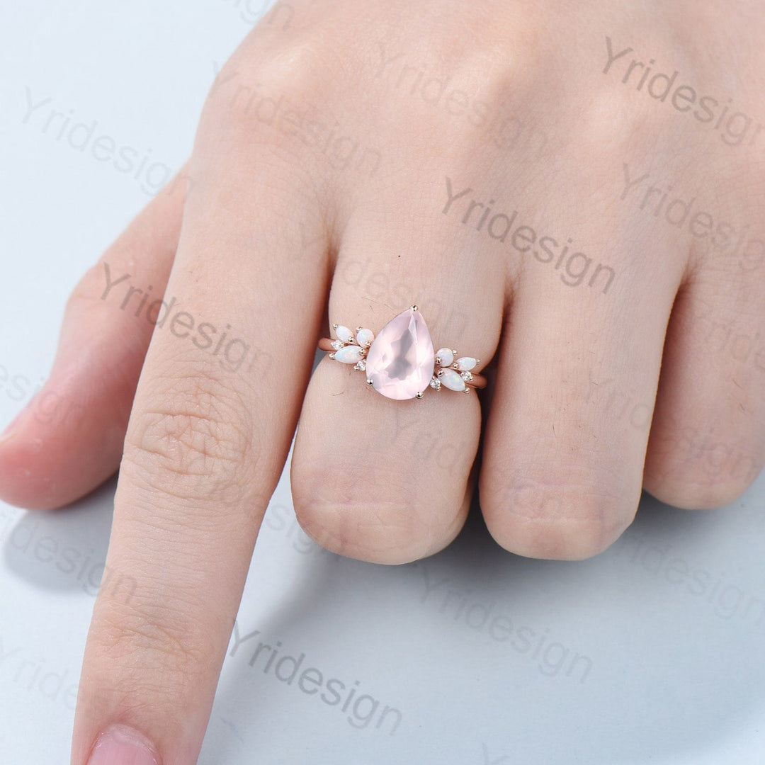 Vintage Rose Quartz Engagement Ring Unique Pear Shaped Bee pink crystal Wedding Ring Women  Rose Gold Art Deco Cluster Opal Promise Ring - PENFINE