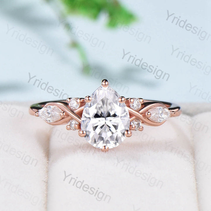 Pear shaped Moissanite engagement ring set Unique Rose gold engagement ring vintage curved Opal Diamond Bridal anniversary gift for women - PENFINE