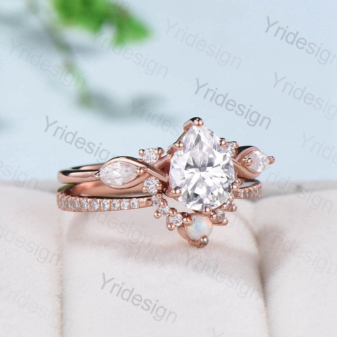 Pear shaped Moissanite engagement ring set Unique Rose gold engagement ring vintage curved Opal Diamond Bridal anniversary gift for women - PENFINE