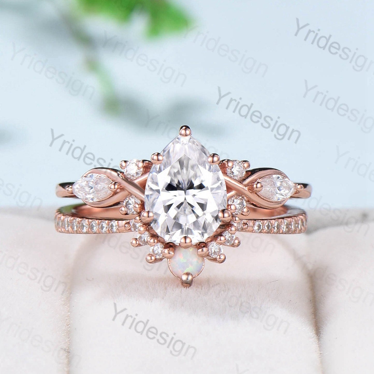 Pear shaped Moissanite engagement ring set Unique Rose gold engagement ring vintage curved Opal Diamond Bridal anniversary gift for women - PENFINE
