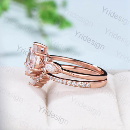 Pear shaped Moissanite engagement ring set Unique Rose gold engagement ring vintage curved Opal Diamond Bridal anniversary gift for women - PENFINE