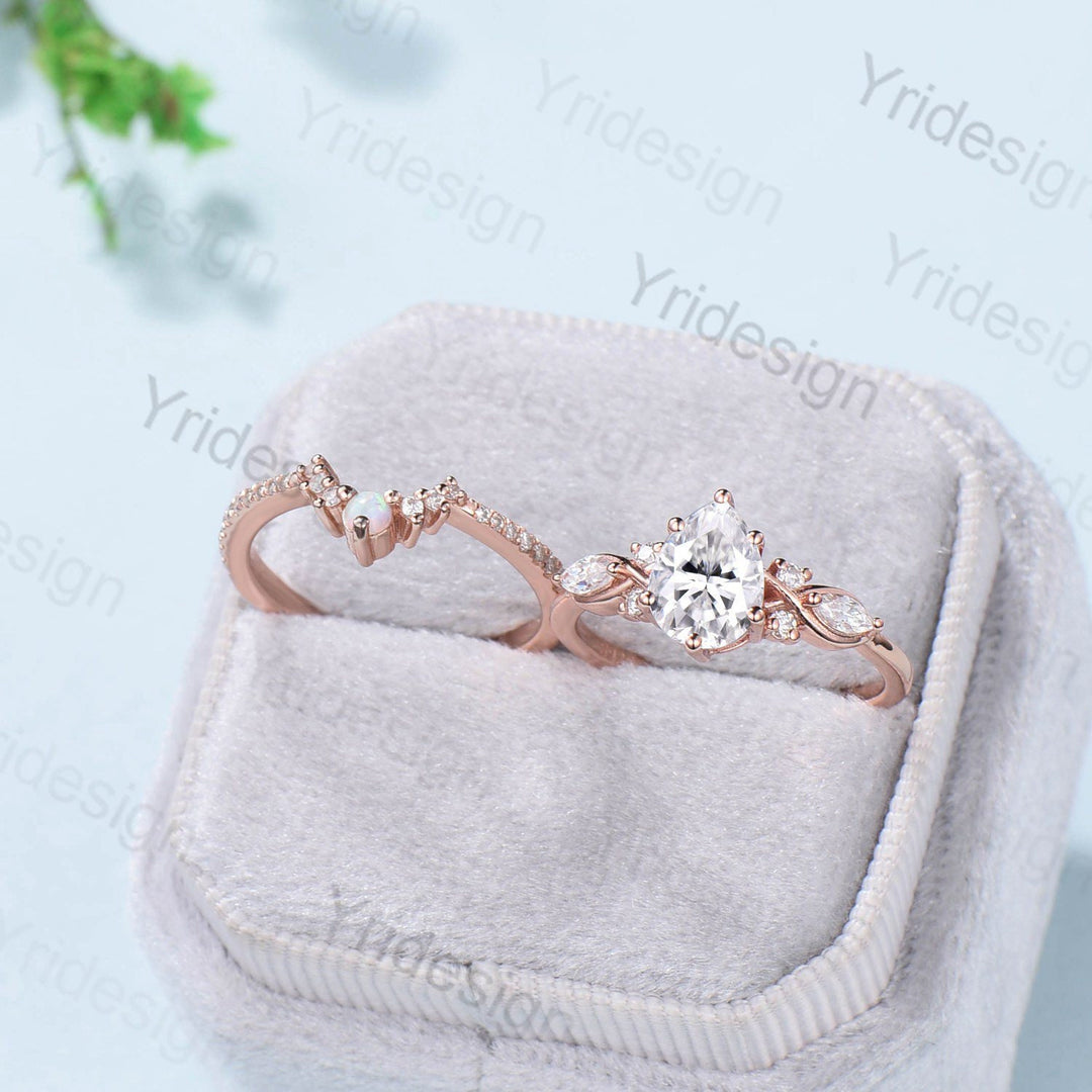 Pear shaped Moissanite engagement ring set Unique Rose gold engagement ring vintage curved Opal Diamond Bridal anniversary gift for women - PENFINE