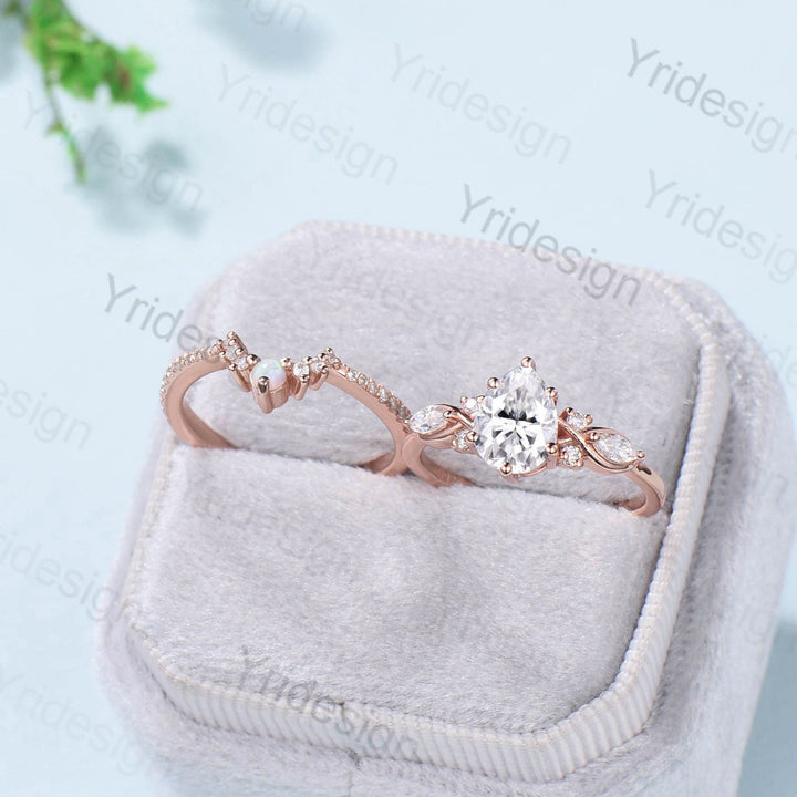 Pear shaped Moissanite engagement ring set Unique Rose gold engagement ring vintage curved Opal Diamond Bridal anniversary gift for women - PENFINE