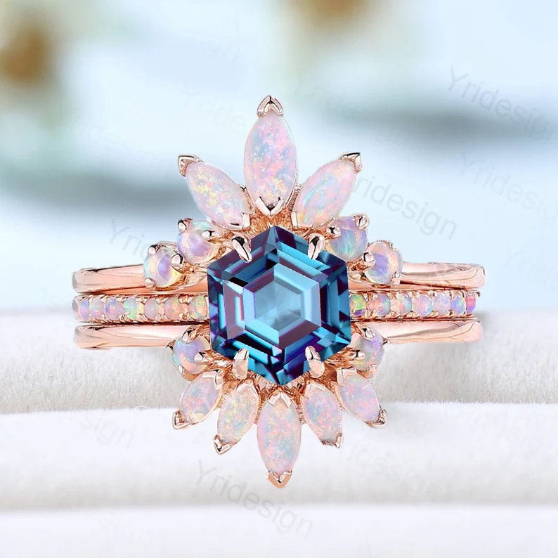 Vintage alexandrite engagement ring set rose gold art deco color changing wedding ring set Unique crown opal stacking band flower bridal set - PENFINE