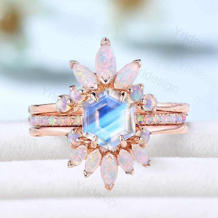 Vintage moonstone engagement ring set rose gold art deco opal moonstone wedding ring set Unique crown stacking band anniversary bridal set - PENFINE