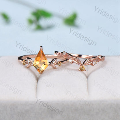 Vintage kite shaped citrine engagement ring set rose gold Unique celestial moon wedding ring for women band Yellow crystal promise ring - PENFINE