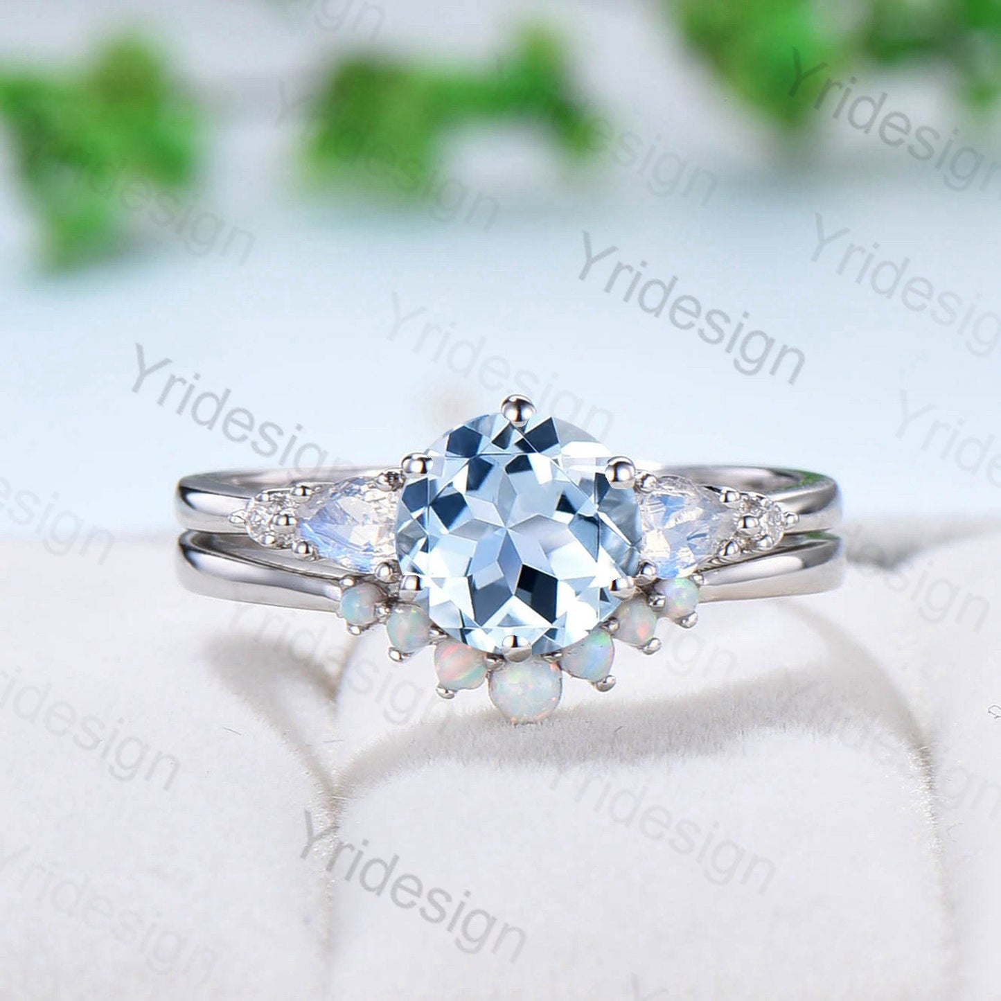 Vintage Aquamarine Engagement Ring Set White Gold Five Stone Pear Moonstone Wedding Ring Set Women Crown Opal Stacking Band Anniversary Gift - PENFINE