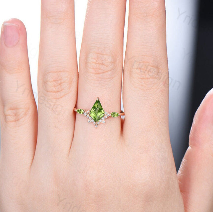 Vintage kite cut peridot engagement ring 14k rose gold marquise cut peridot wedding ring for women unique art deco  bridal wedding gift - PENFINE