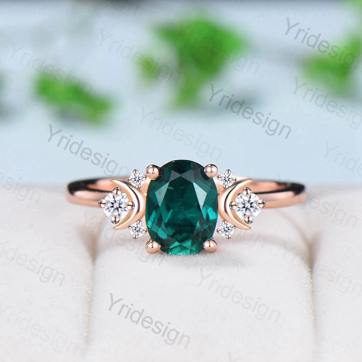 Vintage Emerald Engagement Ring Unique Nature Inspired Moon Green Crystal Ring Unique Alternative May birthstone Wedding Ring For Women - PENFINE