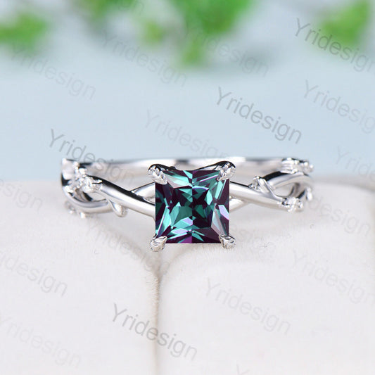 7mm 2CT Princess Cut Alexandrite Ring Twig Branch Color Changing Engagement Ring Vintage Unique Leaves Natural Inspired Wedding Ring Women - PENFINE