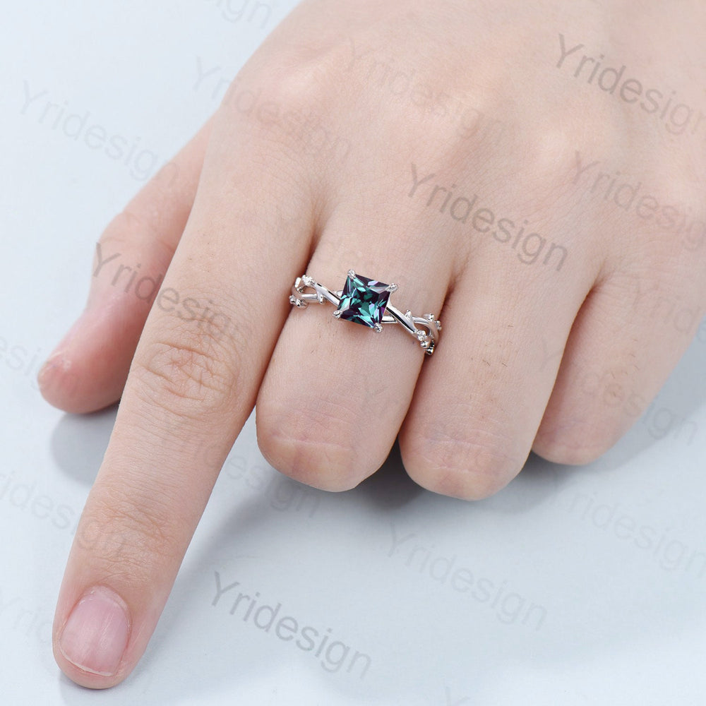 7mm 2CT Princess Cut Alexandrite Ring Twig Branch Color Changing Engagement Ring Vintage Unique Leaves Natural Inspired Wedding Ring Women - PENFINE