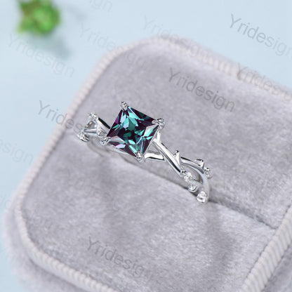 7mm 2CT Princess Cut Alexandrite Ring Twig Branch Color Changing Engagement Ring Vintage Unique Leaves Natural Inspired Wedding Ring Women - PENFINE