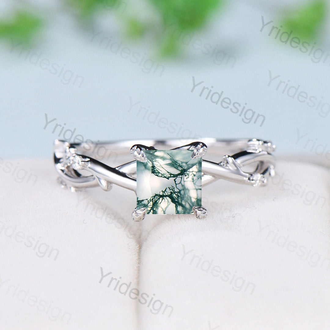 2CT Princess Cut Moss Agate Ring Twig Branch Green Crystal Engagement Ring Vintage Unique Leaves Natural Inspired Wedding Ring Gift For her - PENFINE