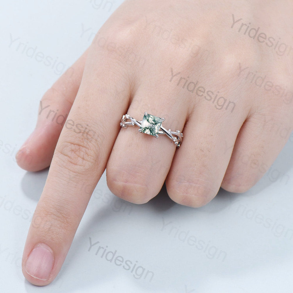 2CT Princess Cut Moss Agate Ring Twig Branch Green Crystal Engagement Ring Vintage Unique Leaves Natural Inspired Wedding Ring Gift For her - PENFINE