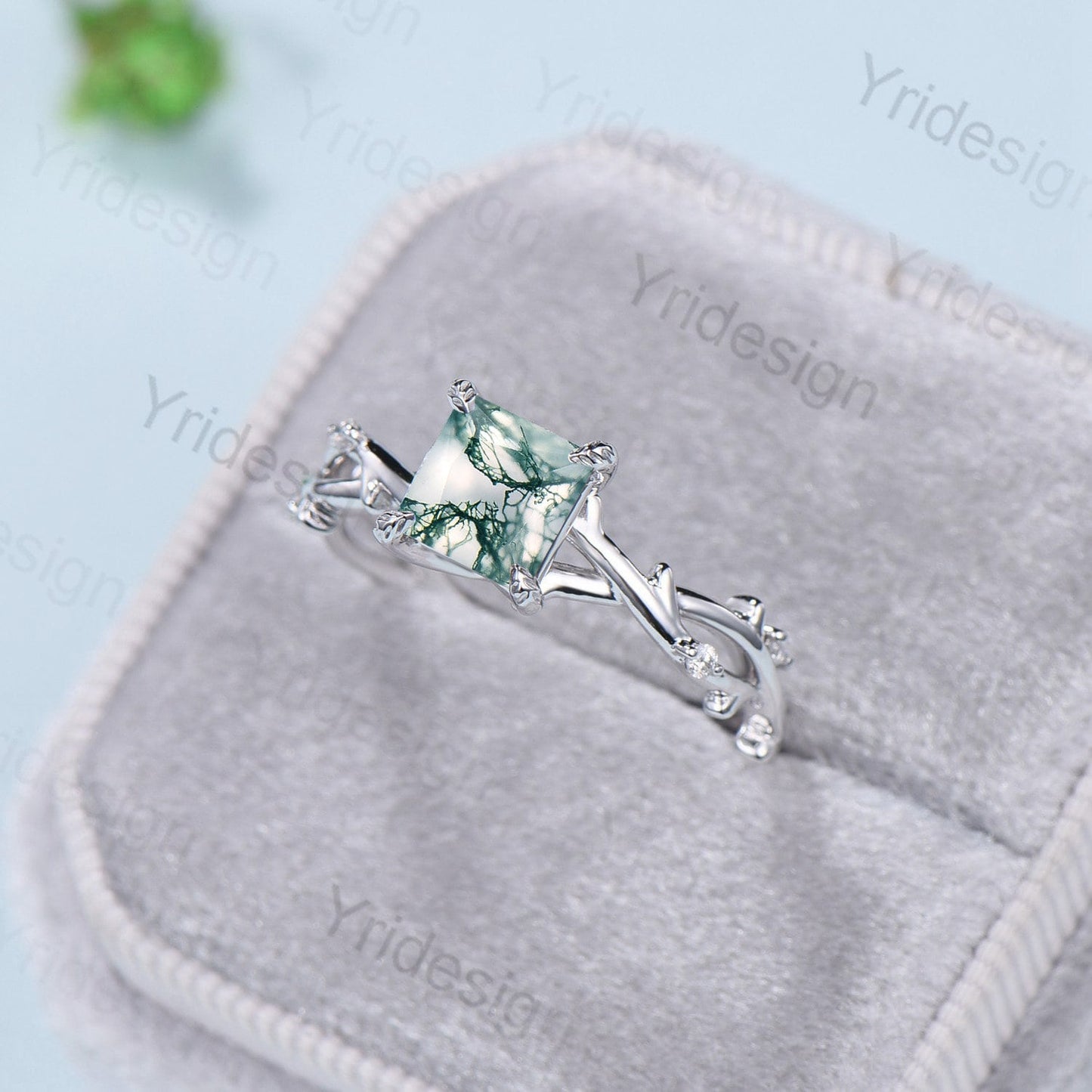 2CT Princess Cut Moss Agate Ring Twig Branch Green Crystal Engagement Ring Vintage Unique Leaves Natural Inspired Wedding Ring Gift For her - PENFINE