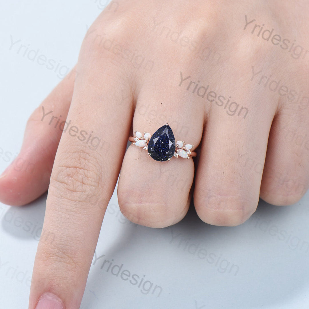 Vintage Blue Sandstone Opal Engagement Ring Unique Pear Shaped Galaxy Star Engagement Ring Rose Gold Cluster Opal Promise Ring For Women - PENFINE