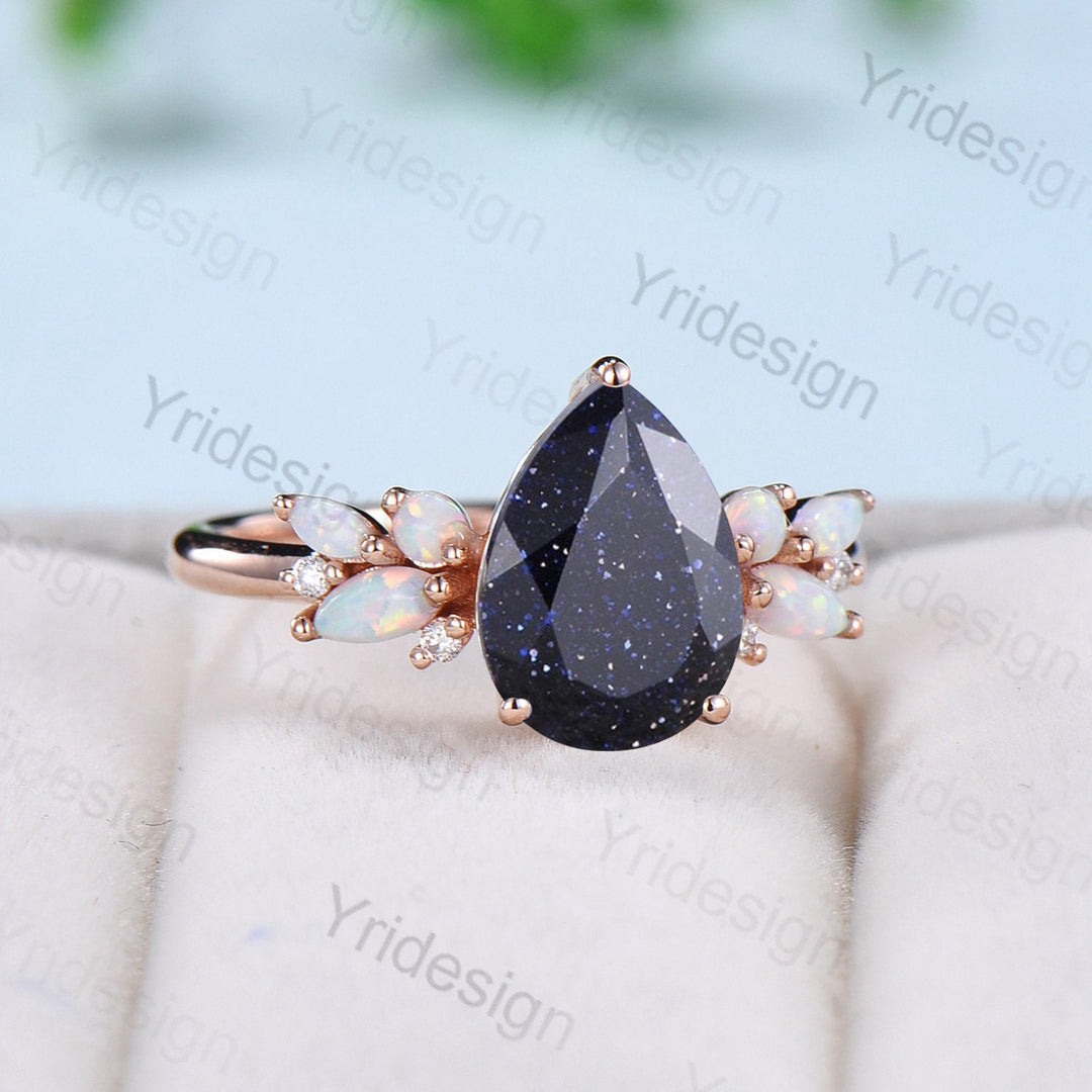 Vintage Blue Sandstone Opal Engagement Ring Unique Pear Shaped Galaxy Star Engagement Ring Rose Gold Cluster Opal Promise Ring For Women - PENFINE