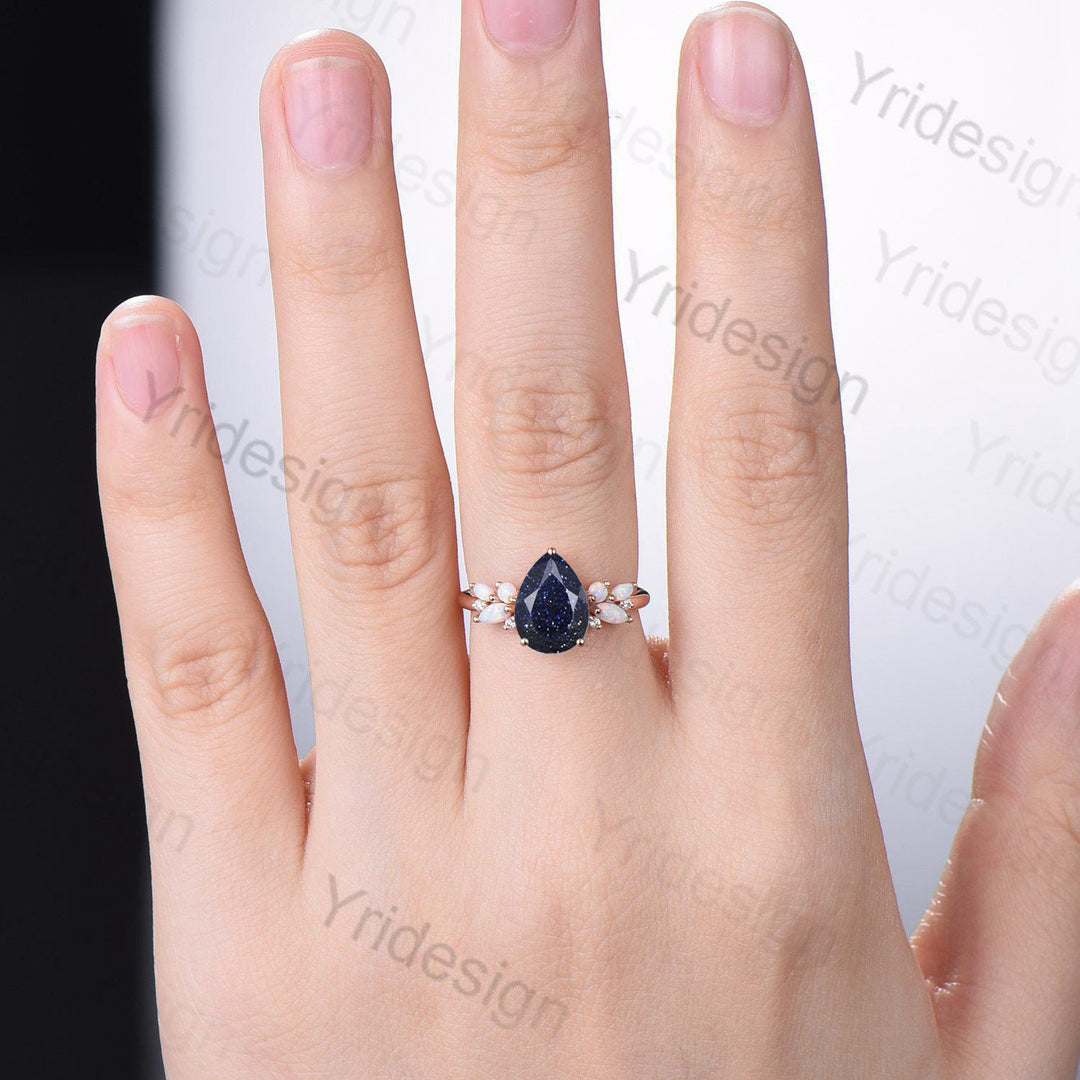 Vintage Blue Sandstone Opal Engagement Ring Unique Pear Shaped Galaxy Star Engagement Ring Rose Gold Cluster Opal Promise Ring For Women - PENFINE