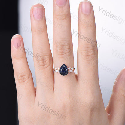 Vintage Blue Sandstone Opal Engagement Ring Unique Pear Shaped Galaxy Star Engagement Ring Rose Gold Cluster Opal Promise Ring For Women - PENFINE