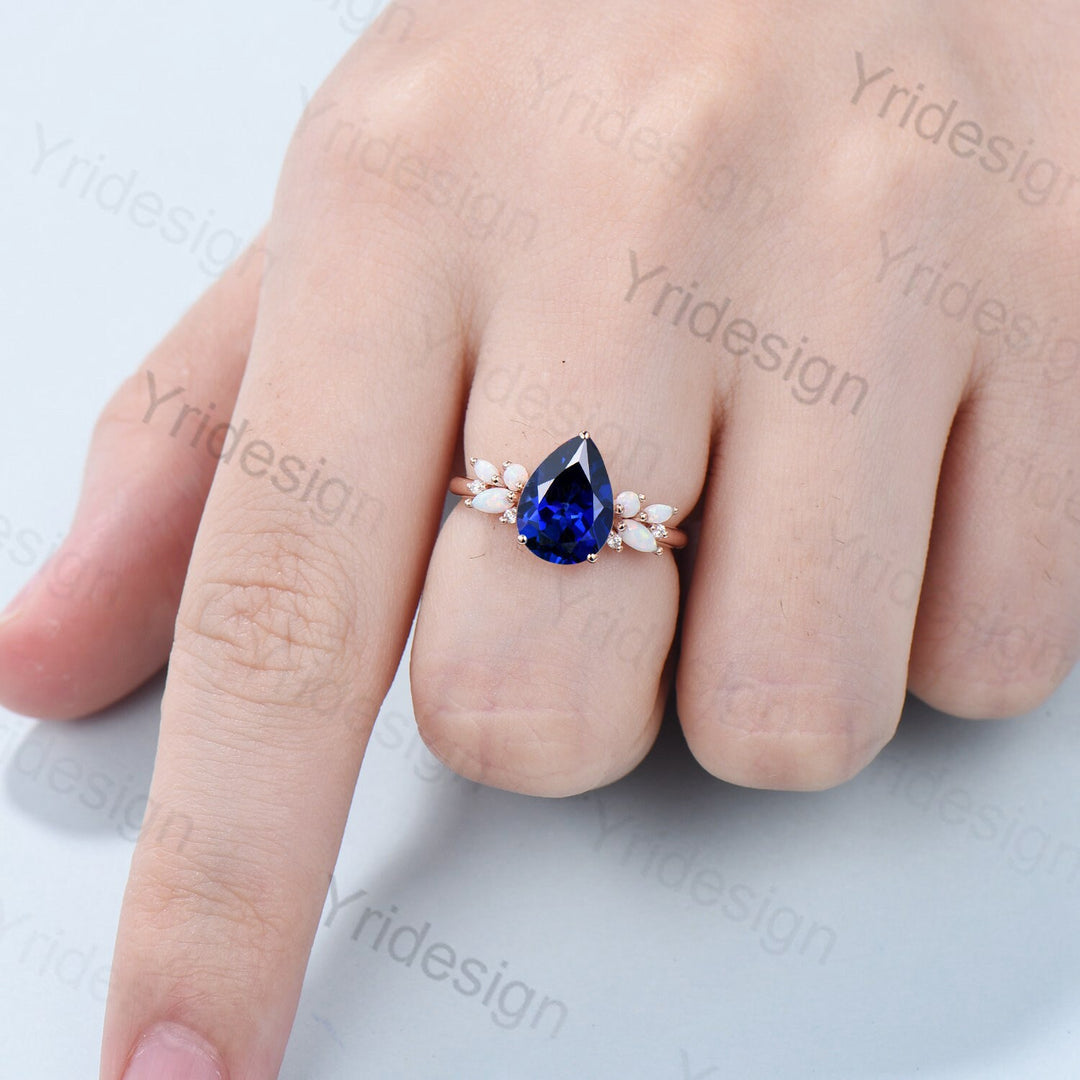 Vintage Blue Sapphire Engagement Ring Unique Teardrop Bee Lab Dark Sapphire Wedding Ring Women  Rose Gold Art Deco Cluster Opal Promise Ring - PENFINE