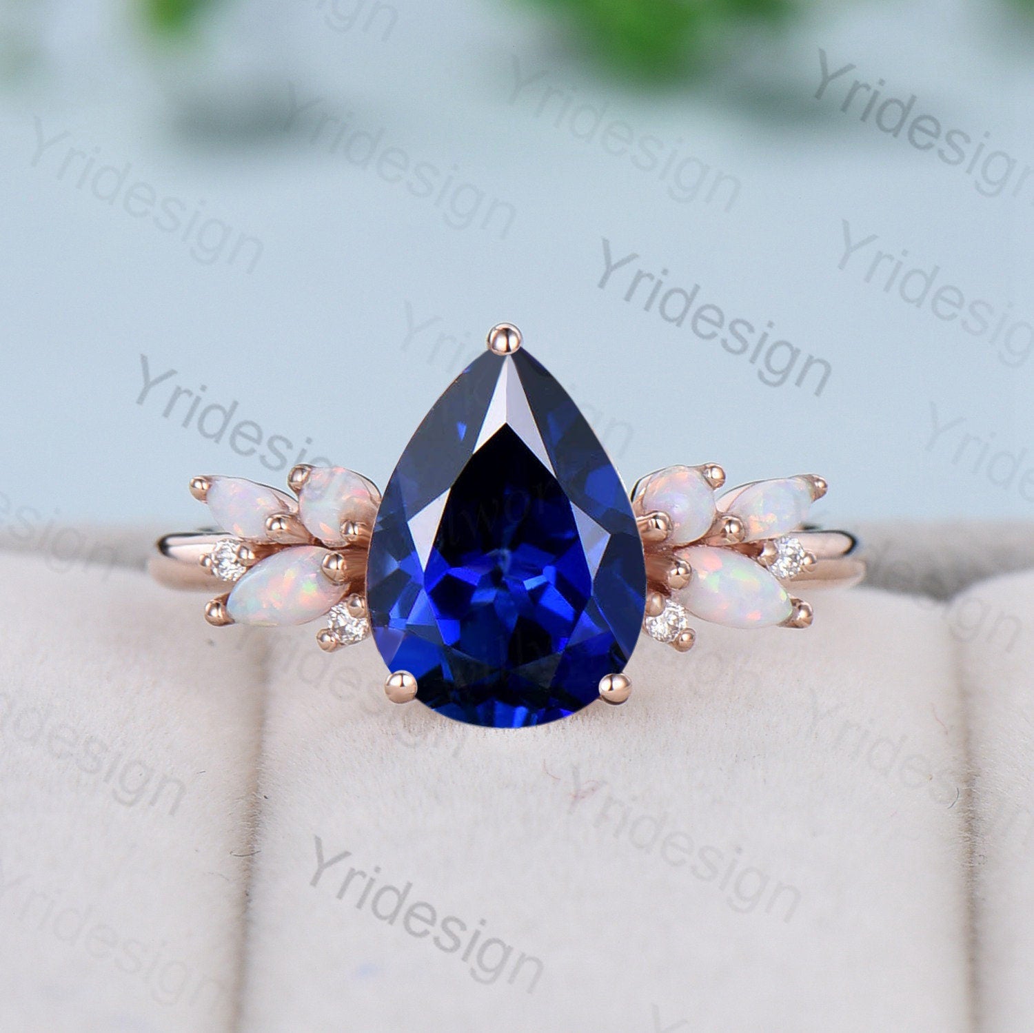 Vintage Blue Sapphire Engagement Ring Unique Teardrop Bee Lab Dark Sapphire Wedding Ring Women  Rose Gold Art Deco Cluster Opal Promise Ring - PENFINE