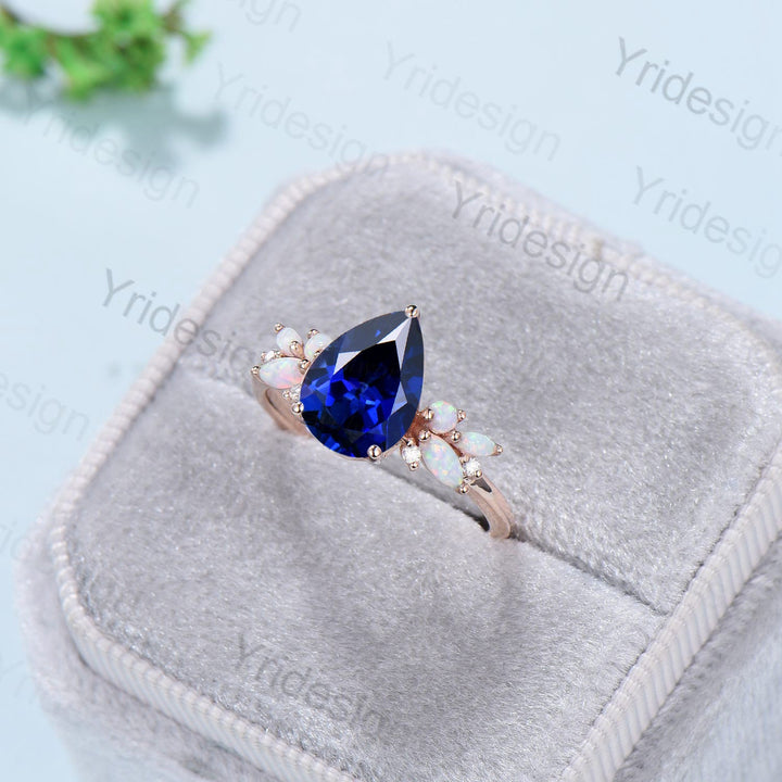 Vintage Blue Sapphire Engagement Ring Unique Teardrop Bee Lab Dark Sapphire Wedding Ring Women  Rose Gold Art Deco Cluster Opal Promise Ring - PENFINE