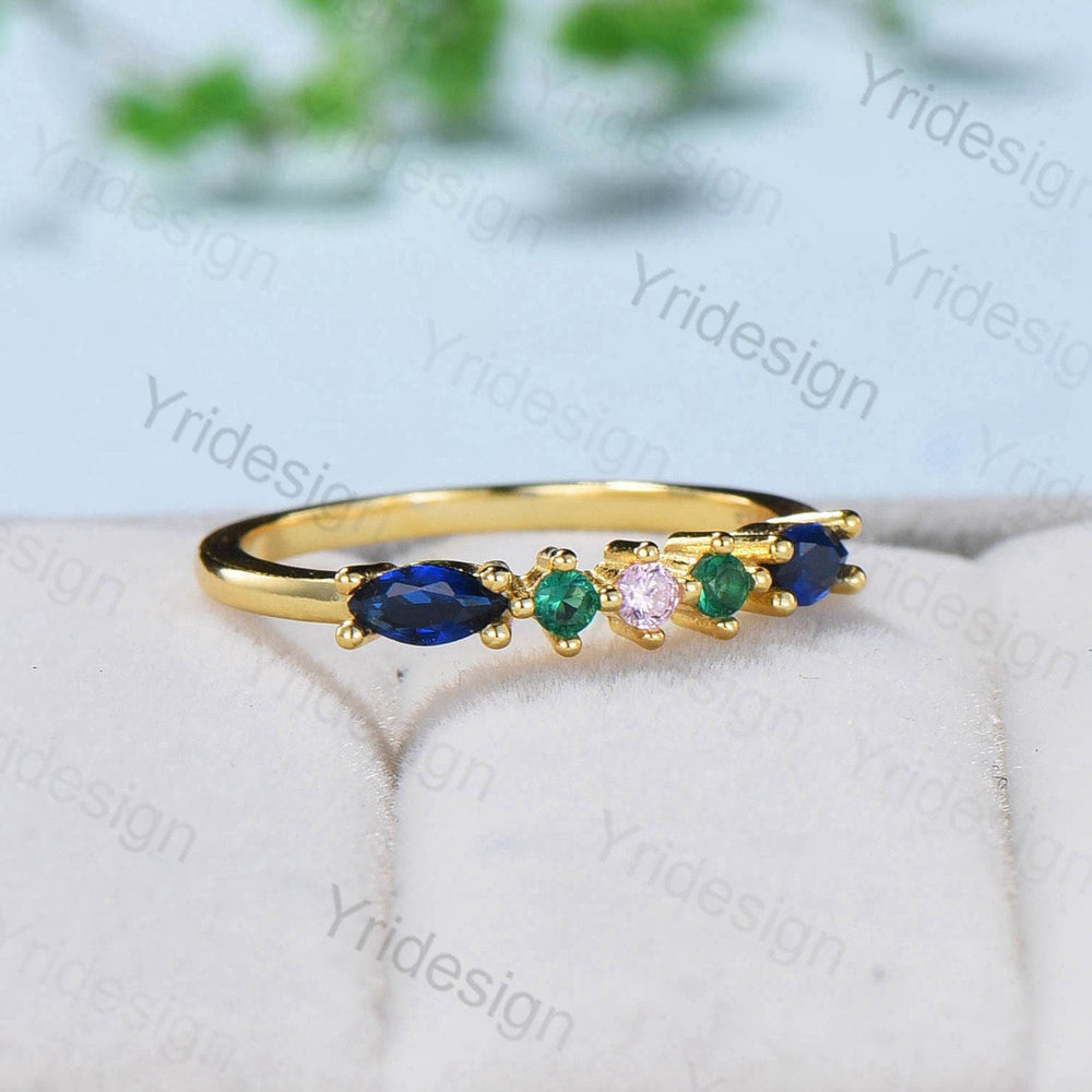 Colorful Gemstone Wedding Band Women Vintage Sapphire Stacking Ring Solid Gold Emerald fiance Wedding Ring Promise Ring Christmas Gift - PENFINE