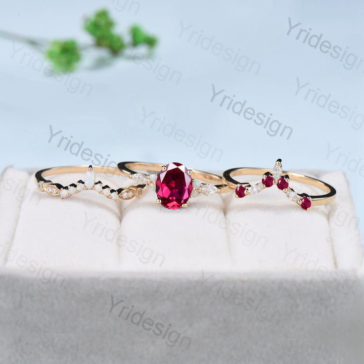 Vintage ruby engagement ring set Unique July birthstone gold wedding set Art deco opal ruby matching stacking ring bridal set rings women - PENFINE