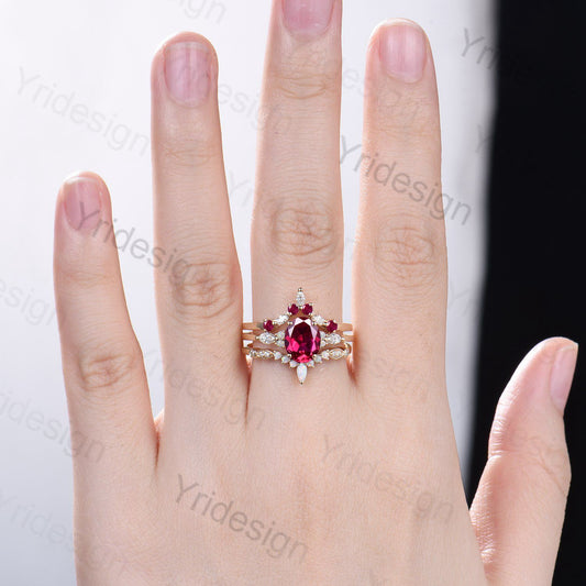 Vintage ruby engagement ring set Unique July birthstone gold wedding set Art deco opal ruby matching stacking ring bridal set rings women - PENFINE