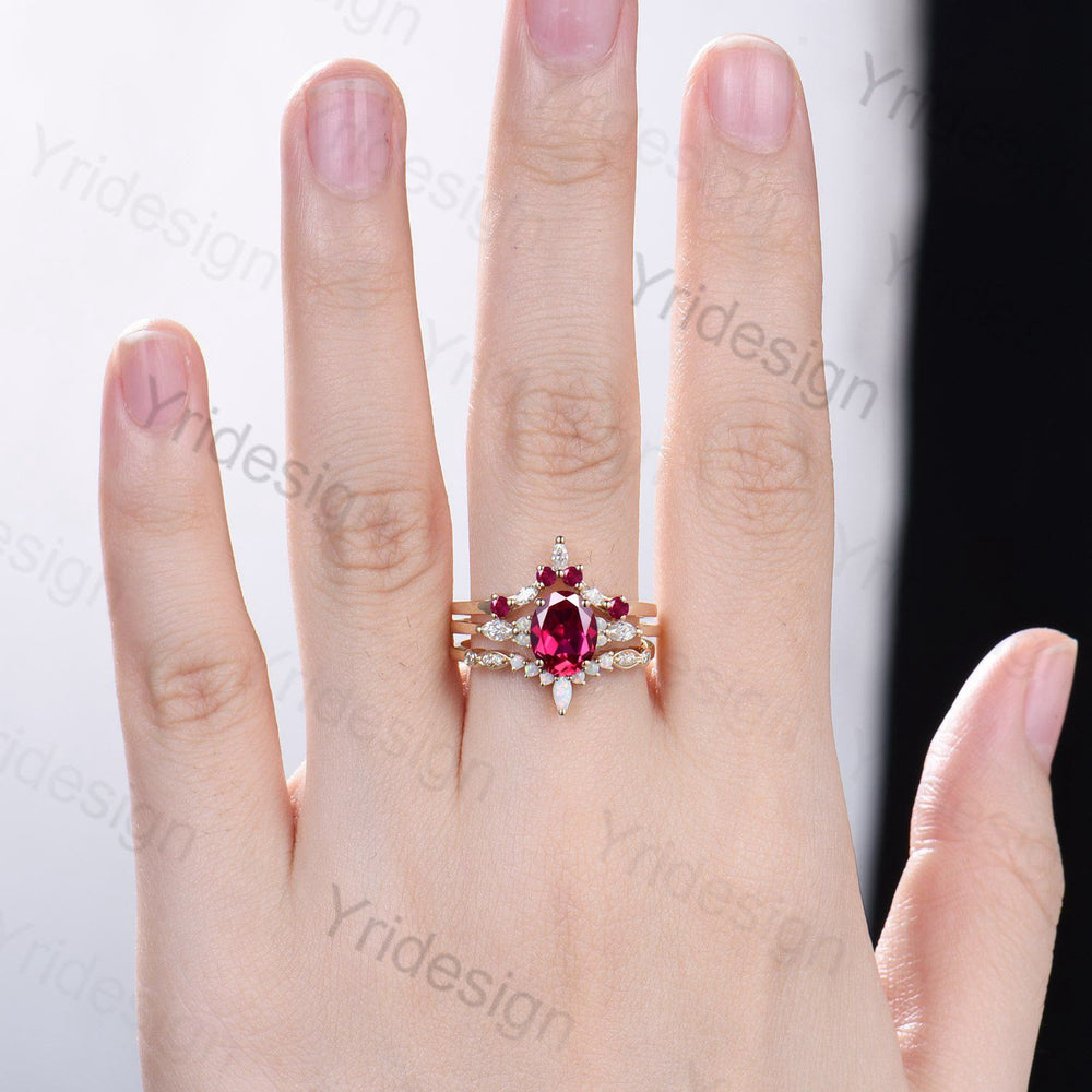 Vintage ruby engagement ring set Unique July birthstone gold wedding set Art deco opal ruby matching stacking ring bridal set rings women - PENFINE