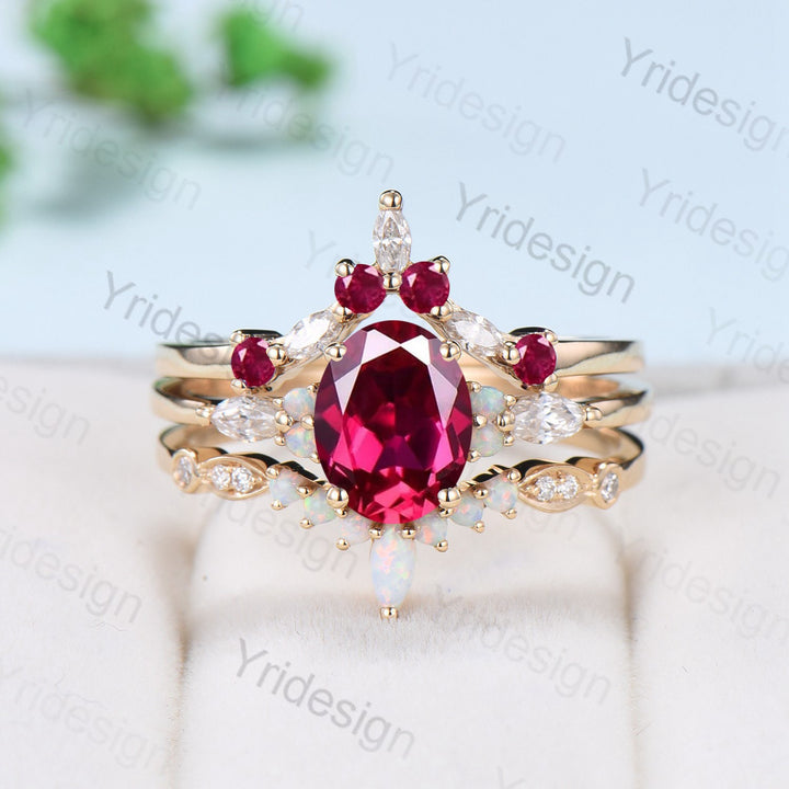 Vintage ruby engagement ring set Unique July birthstone gold wedding set Art deco opal ruby matching stacking ring bridal set rings women - PENFINE