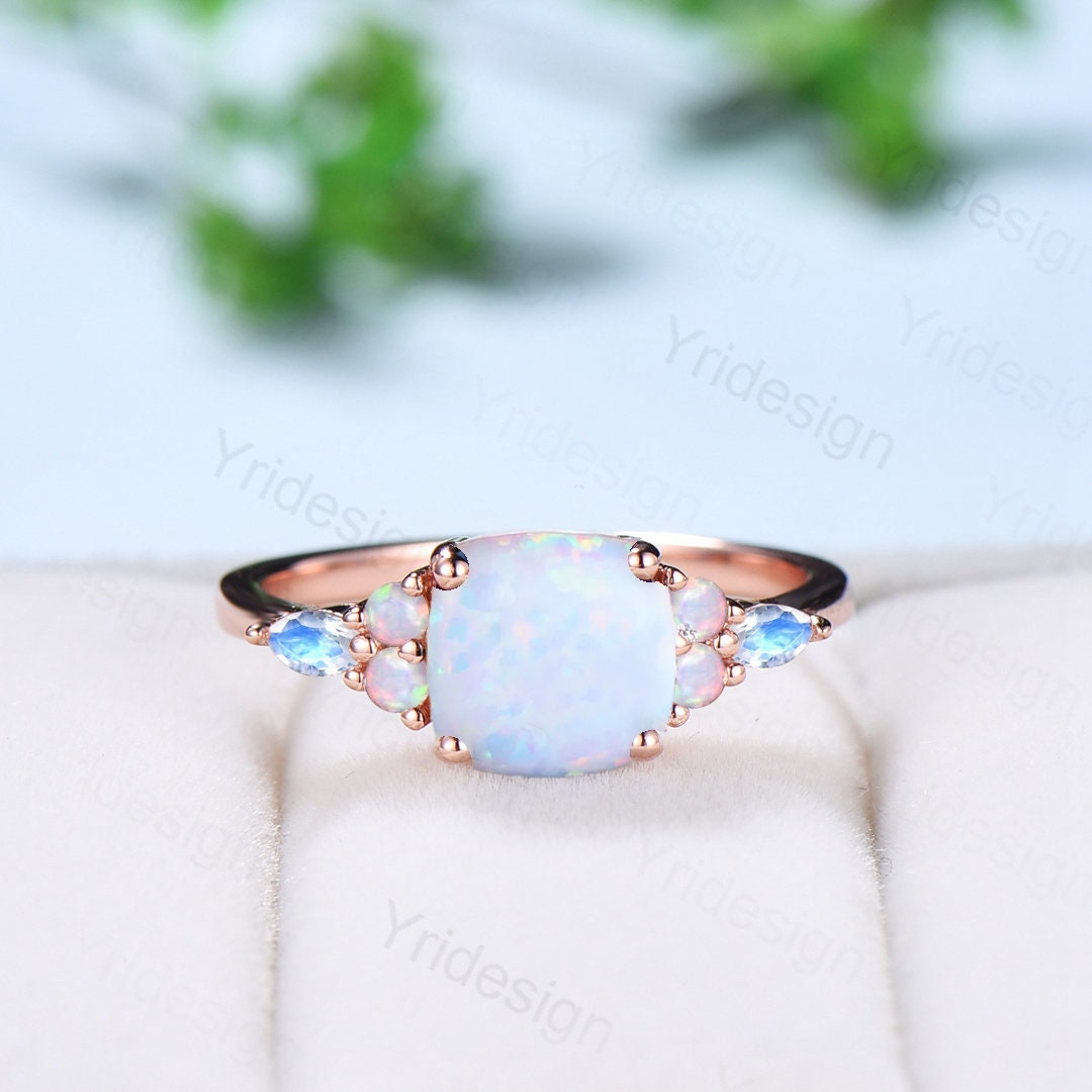 Vintage Cushion Opal Engagement Ring Antique Cluster Marquise Moonstone Opal Wedding Ring Unique Art Deco October Birthstone Promise Ring - PENFINE
