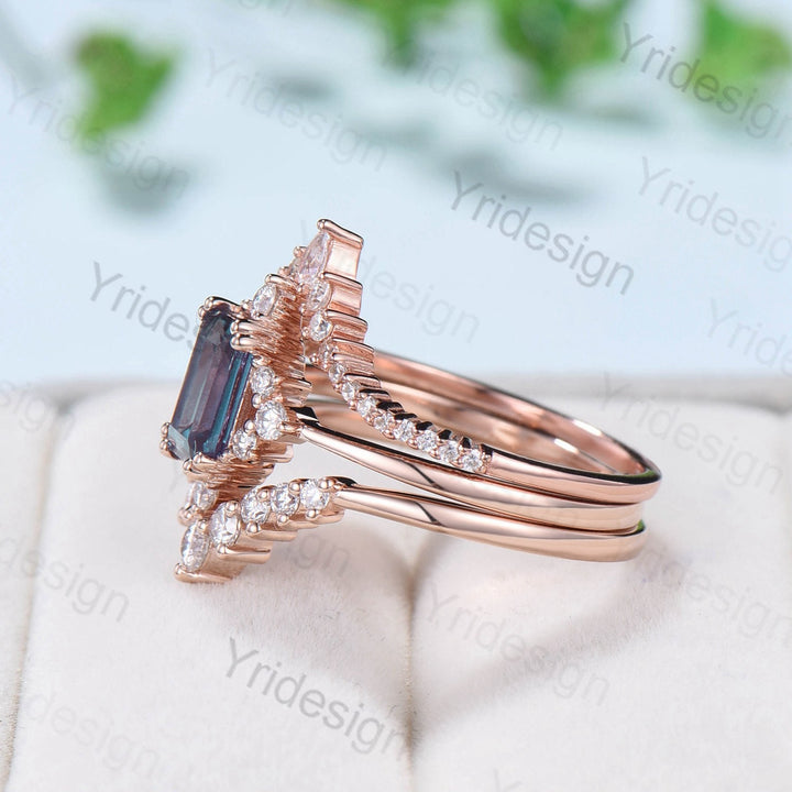 Vintage Emerald Cut Alexandrite Engagement Ring Set 14K Rose Gold Unique Alexandrite Moissanite Wedding Set Gift For Women June Birthstone - PENFINE