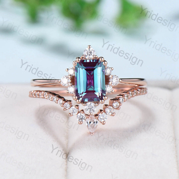 Vintage Emerald Cut Alexandrite Engagement Ring Set 14K Rose Gold Unique Alexandrite Moissanite Wedding Set Gift For Women June Birthstone - PENFINE
