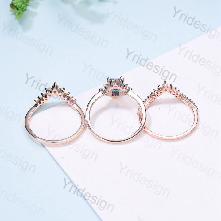 Vintage Emerald Cut Alexandrite Engagement Ring Set 14K Rose Gold Unique Alexandrite Moissanite Wedding Set Gift For Women June Birthstone - PENFINE