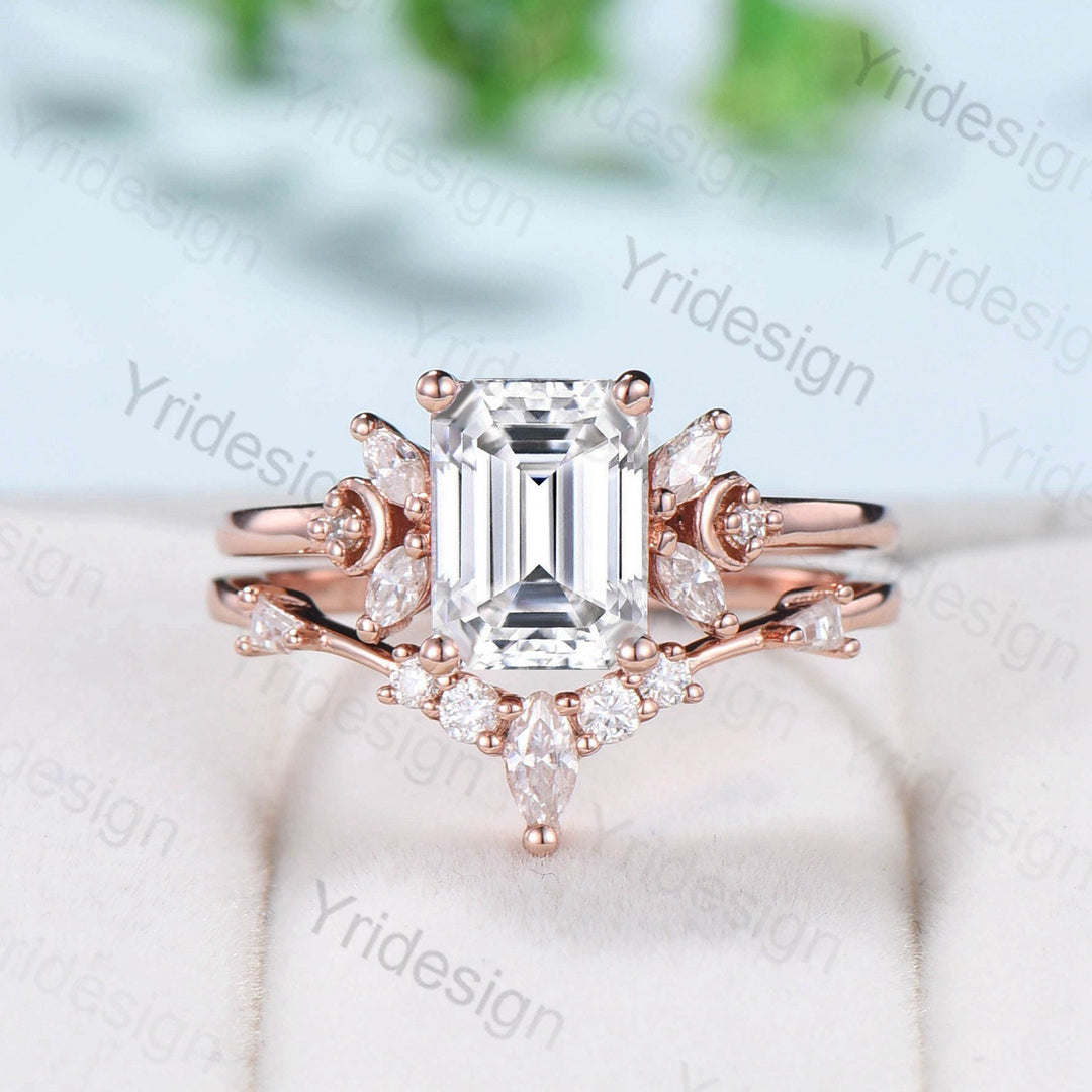 Vintage Emerald Cut Moissanite Engagement Ring Set 14K Rose Gold Unique Moissanite Diamond Wedding Ring For Women Art Deco Bridal Ring Set - PENFINE