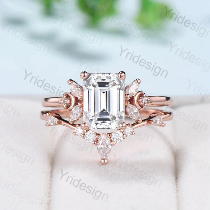 Vintage Emerald Cut Moissanite Engagement Ring Set 14K Rose Gold Unique Moissanite Diamond Wedding Ring For Women Art Deco Bridal Ring Set - PENFINE