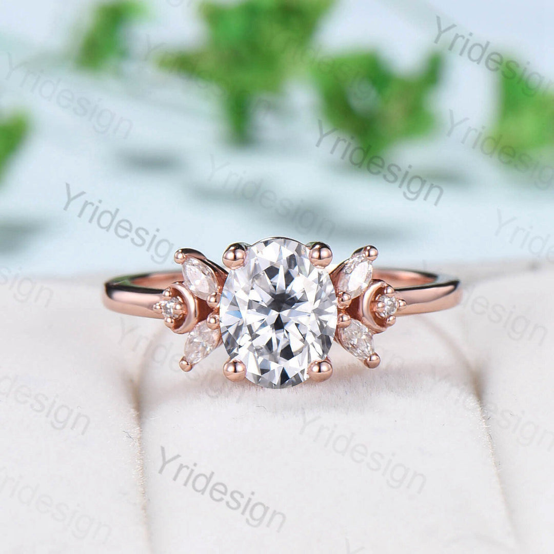Vintage 1.5CT Oval Cut Moissanite Engagement Ring Set 14K Rose Gold Unique Moissanite Diamond Wedding Ring Women Art Deco Bridal Ring Set - PENFINE