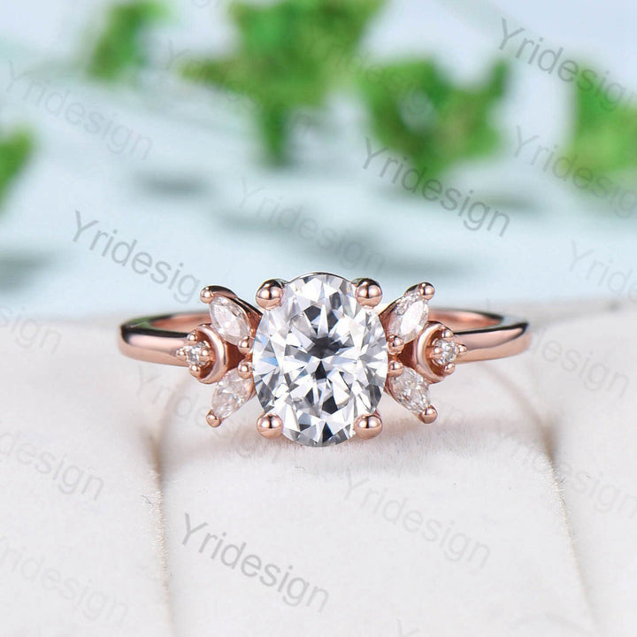 Vintage 1.5CT Oval Cut Moissanite Engagement Ring Set 14K Rose Gold Unique Moissanite Diamond Wedding Ring Women Art Deco Bridal Ring Set - PENFINE