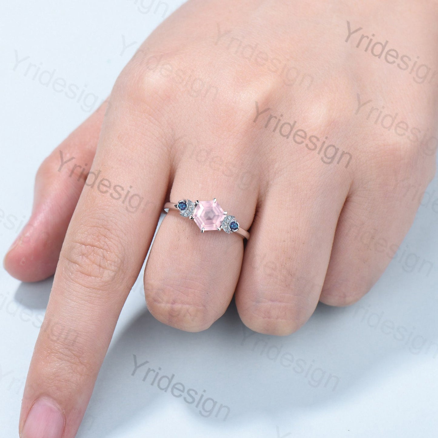 Unique hexagon rose quartz engagement ring Magic celestial moon alexandrite wedding ring vintage crescent anniversary ring gift for women - PENFINE