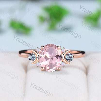 Vintage Moon Pink Morganite Ring Unique Nature Inspired Morganite Engagement Ring Alternative Cute Alexandrite Opal Wedding Ring For Women - PENFINE