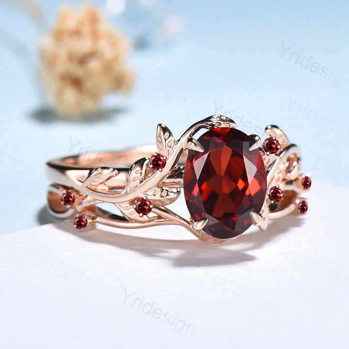 Nature Inspired Leaf garnet ring set cluster branch twig garnet engagement ring women unique January birthstone wedding ring set for her - PENFINE