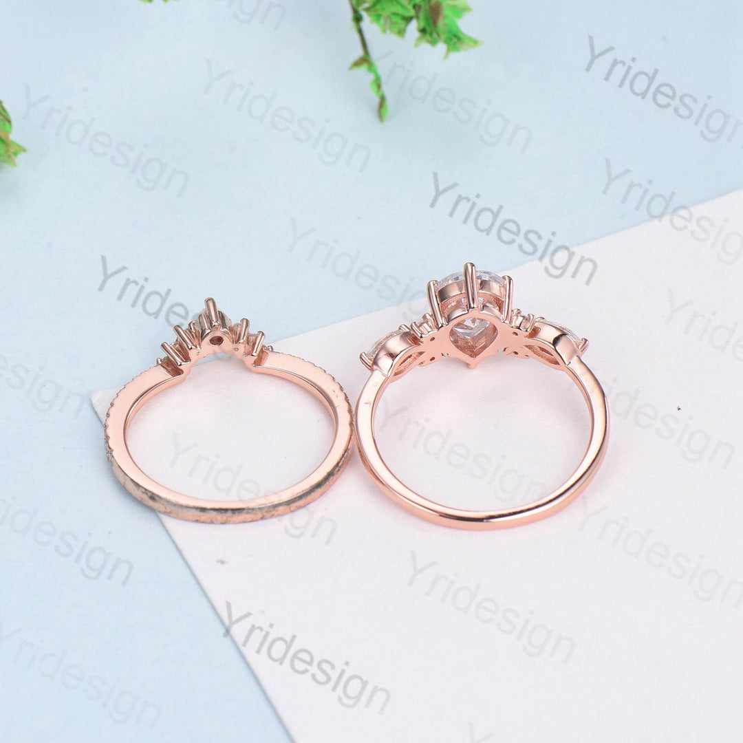 Pear shaped Moissanite engagement ring set Unique Rose gold engagement ring vintage curved Opal Diamond Bridal anniversary gift for women - PENFINE