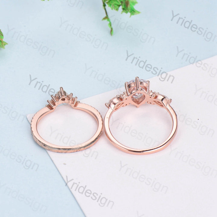 Pear shaped Moissanite engagement ring set Unique Rose gold engagement ring vintage curved Opal Diamond Bridal anniversary gift for women - PENFINE
