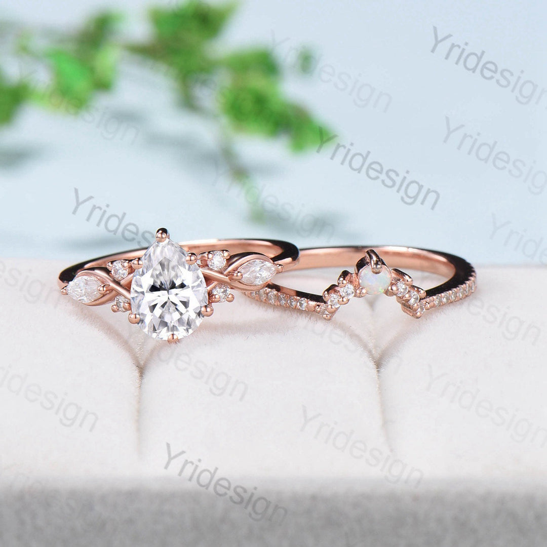 Pear shaped Moissanite engagement ring set Unique Rose gold engagement ring vintage curved Opal Diamond Bridal anniversary gift for women - PENFINE