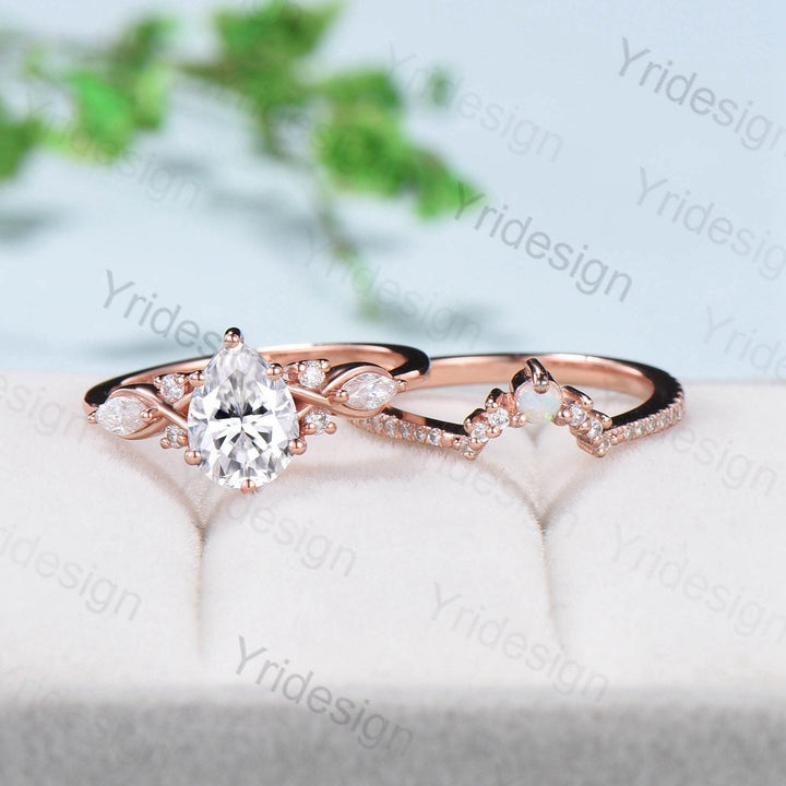 Pear shaped Moissanite engagement ring set Unique Rose gold engagement ring vintage curved Opal Diamond Bridal anniversary gift for women - PENFINE