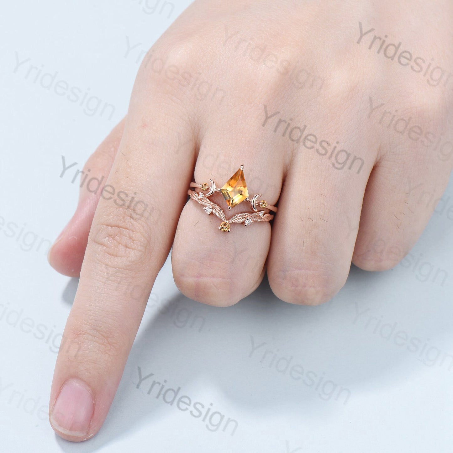 Vintage kite shaped citrine engagement ring set rose gold Unique celestial moon wedding ring for women band Yellow crystal promise ring - PENFINE